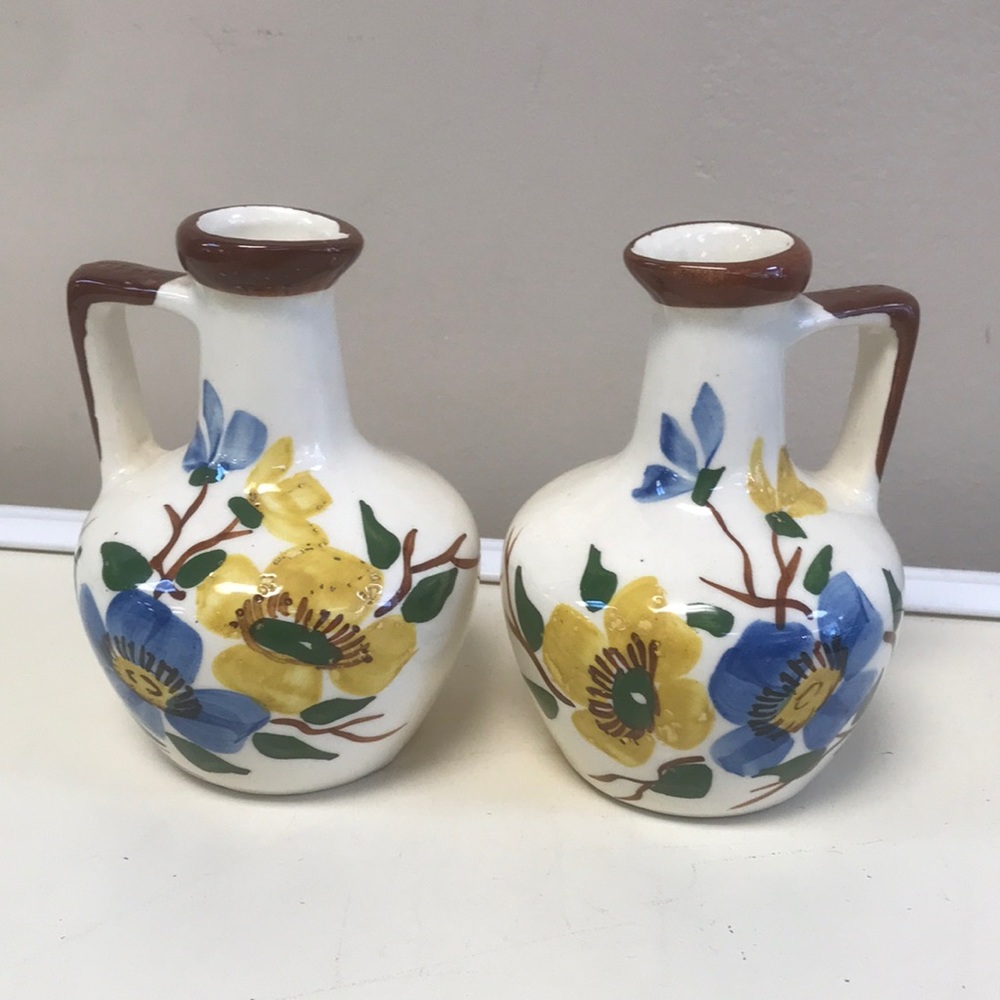 Pair of‎ Vintage USA Pottery Jugs/Vases w/ Handpainted Flowers